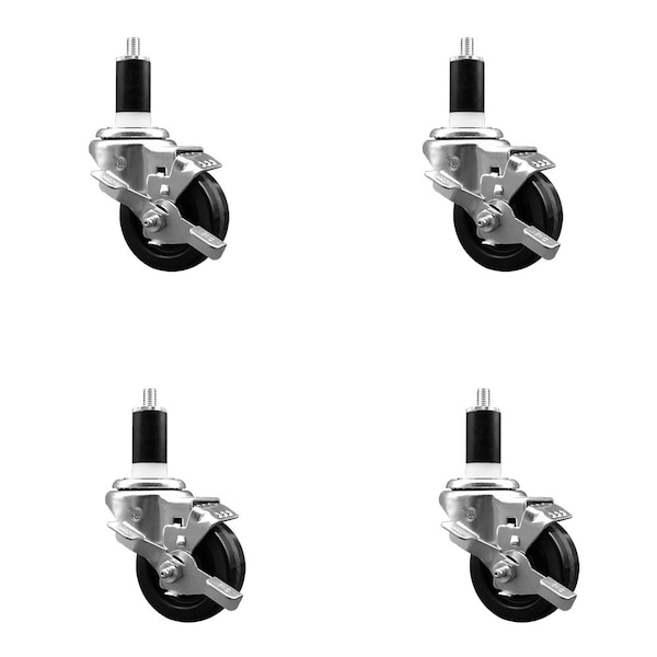 3'' SS Phenolic Swivel 1-3/8'' Expanding Stem Caster Set with Brake, 4PK